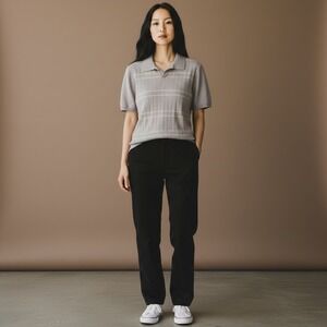 Good Man Brand Women's Knit Polo Shirt Gray Plaid Short Sleeve Size XL